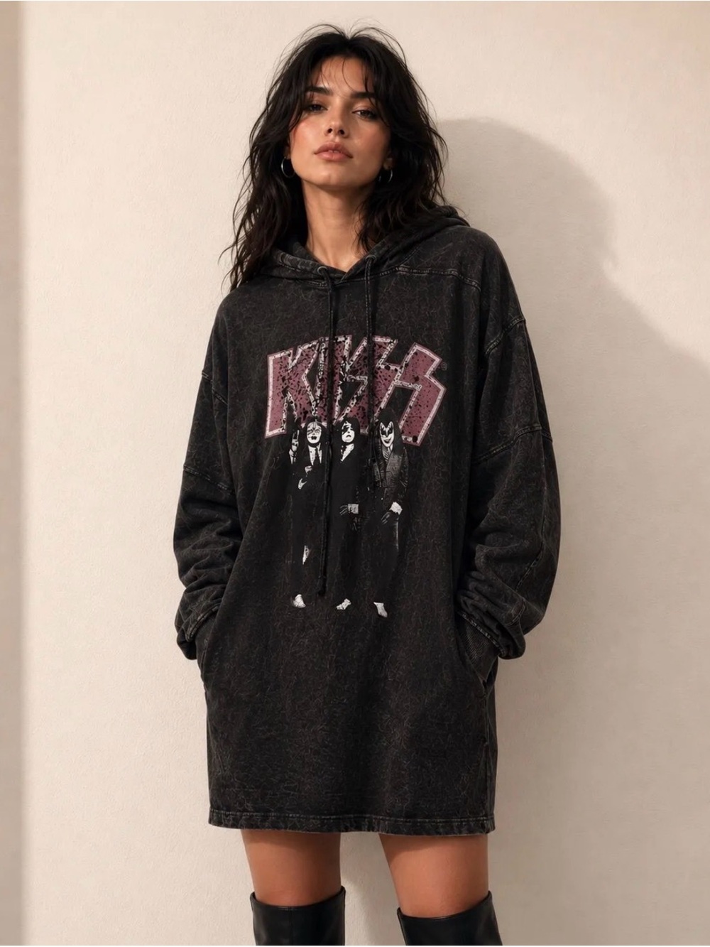 Kiss Black Hoodie Dress with Pink-Outlined Logo